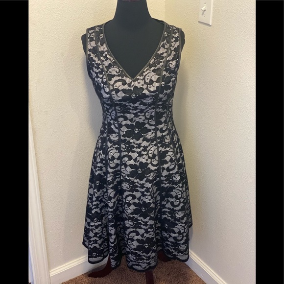Betsey Johnson Dresses & Skirts - Betsey Johnson Black Lace Fit Flare Dress White Faux Leather Trim A Line Retro 6